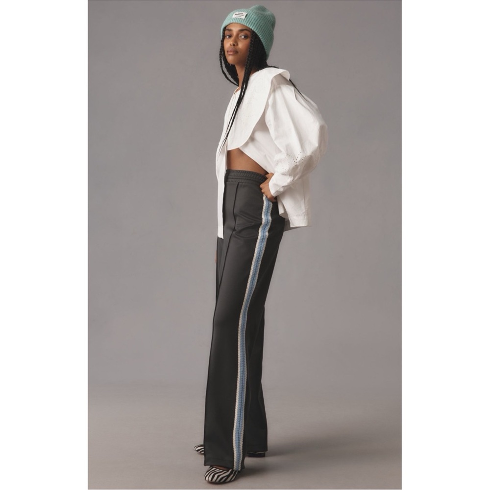 Anthropologie Maeve Navy Crochet Trim Wide Leg Pull On Pants Size Medium NWT